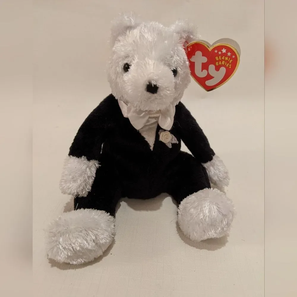 TY Beanie Baby Groom Wedding Bear Plush Vintage NEW Tag attached Black & White
